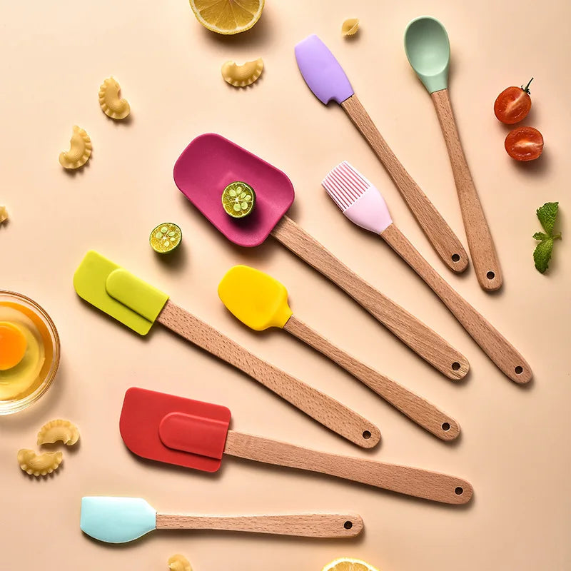 Axyaa Silicone Mini Scraper Set - Wooden Handle Baking Tools