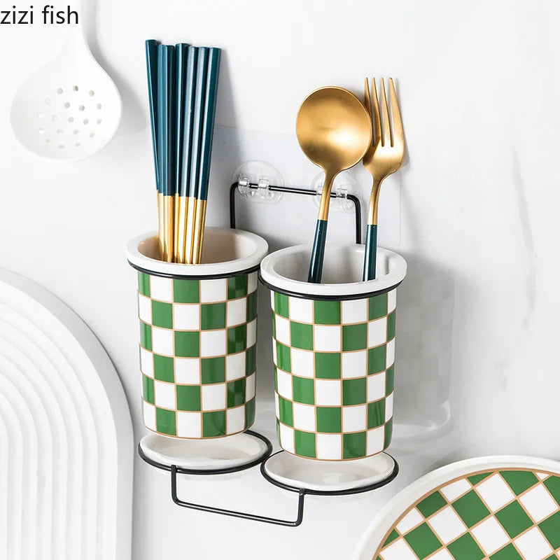 Axya Checkerboard Ceramic Chopsticks Holder Rack Wall-mounted Shelf