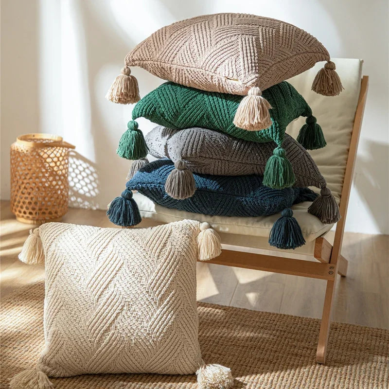 Axyaa Twill Knit Cushion Cover 45x45cm - Solid Pillow Case with Tassels