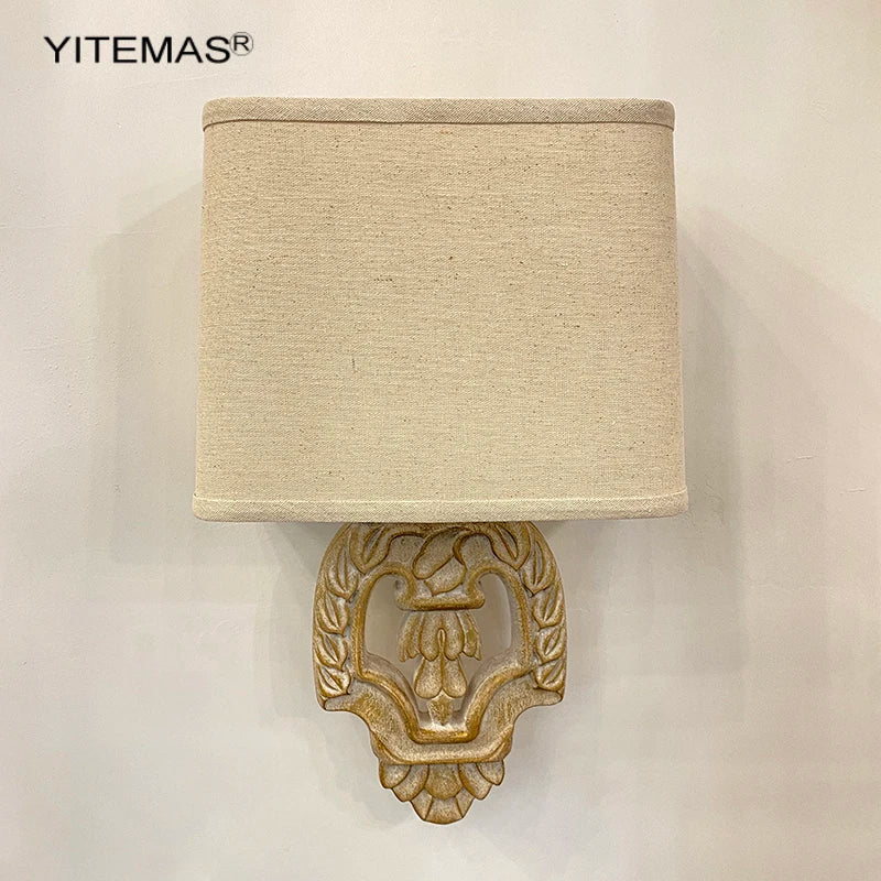 Axyaa Retro Wooden Wall Sconce with Fabric Shade for Bedroom and Living Room
