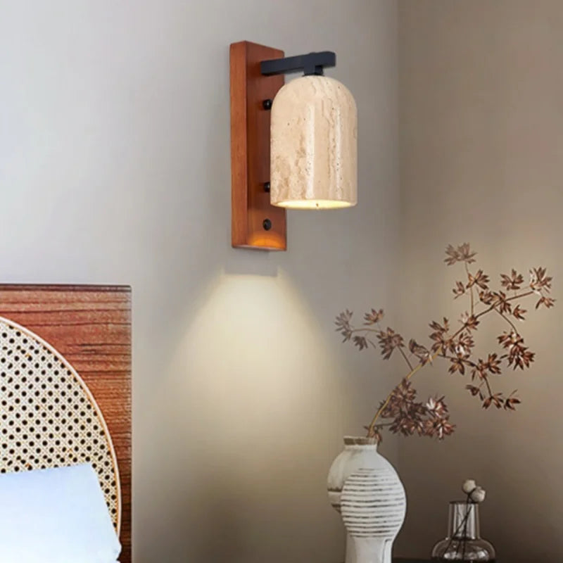 Axyaa Wooden LED Wall Lamp with Switch, E27 Bulb, Yellow Travertine - Wandleuchte