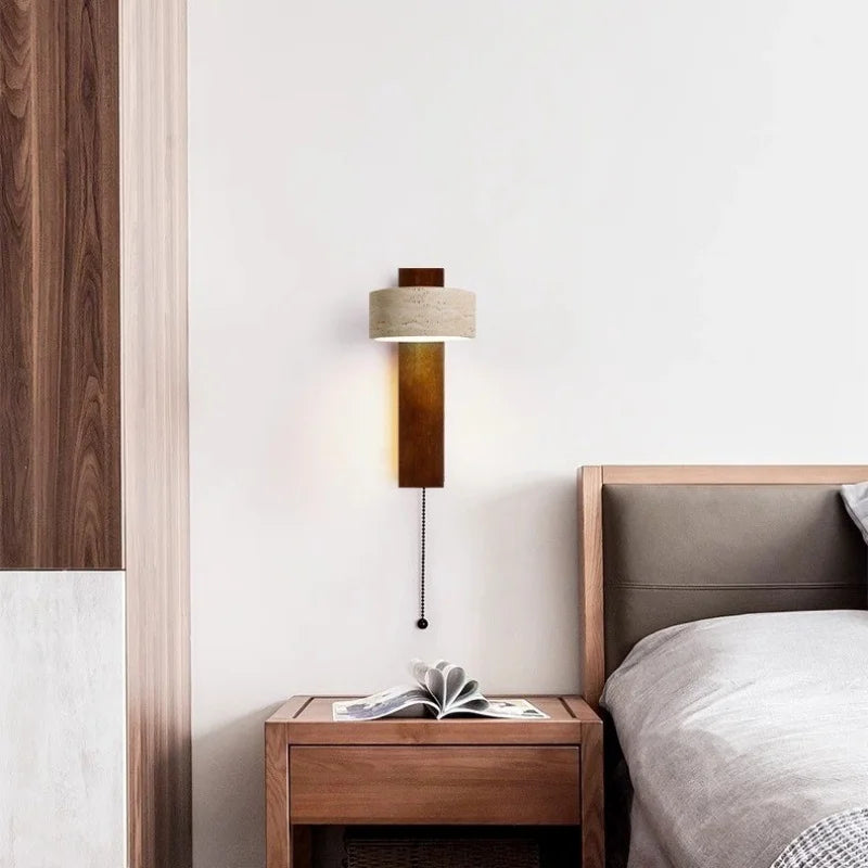 Axyaa Wabi Sabi LED Wall Lamps Wood Yellow Travertine Pull Chain Switch Rotate Bedroom Living Room Lights