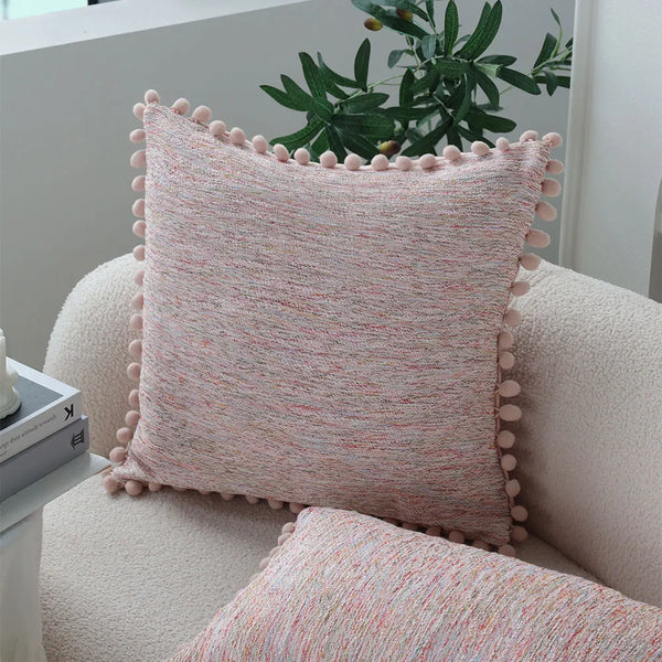 Axyaa Pink Woven Cushion Cover with Ball Edge for Home Decor