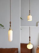Axyaa Ceramic Ball LED Pendant Light with Copper Socket and Wood Handle