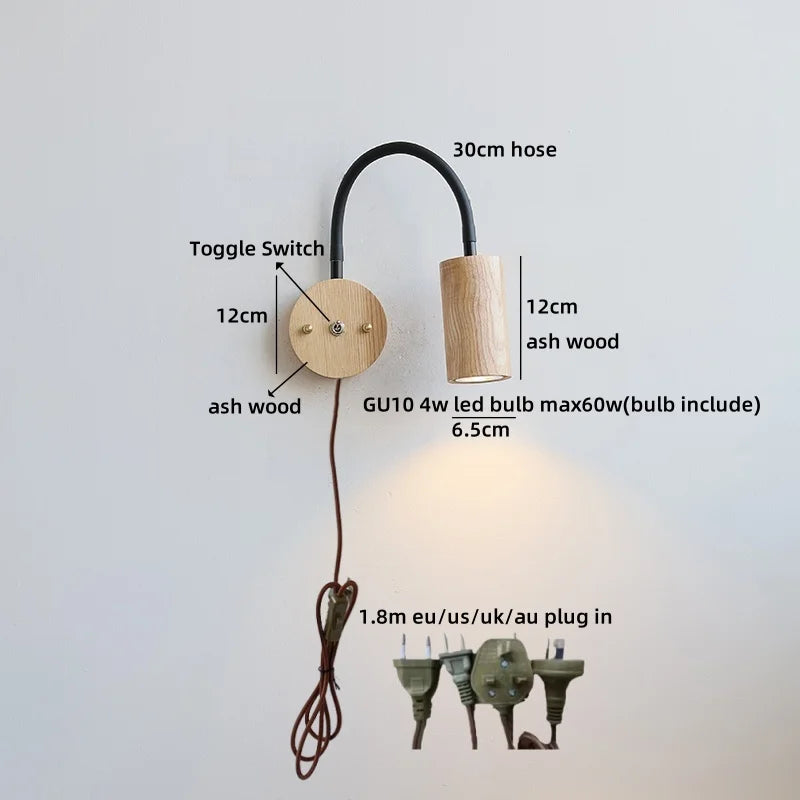 Axyaa Walnut Wood LED Wall Lamp 30cm Black Hose, Modern Nordic Design