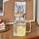 Axyaa Square Glass Mug with Bamboo Lid and Bent Glass Straw, 620ml