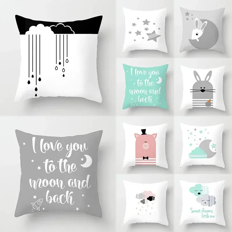 Axyaa Cloud Moon Star Pattern Pillowcase White Grey Letters Printed Home Decor