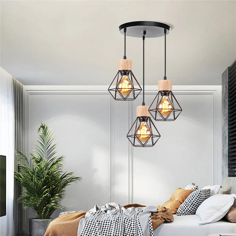 Axyaa Wood Iron Cage Pendant Lamp 1/3 Heads for Living Room Kitchen Restaurant