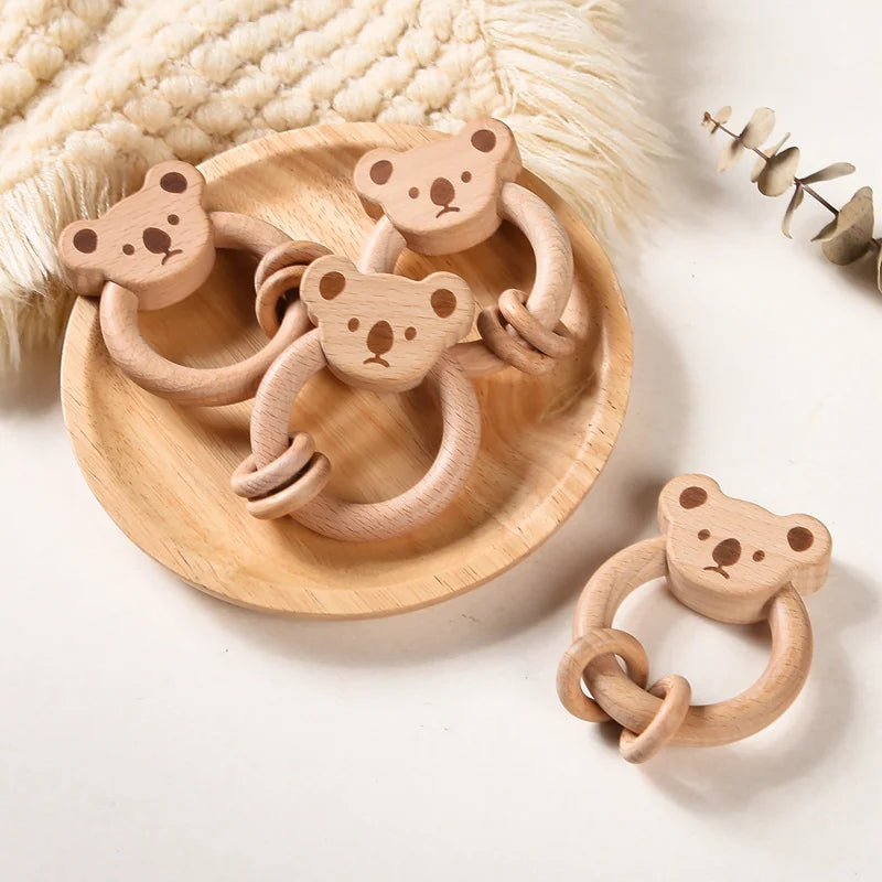 Axya Wooden Teether Stroller Toy - Natural Beech Montessori Rattle Fox Bear