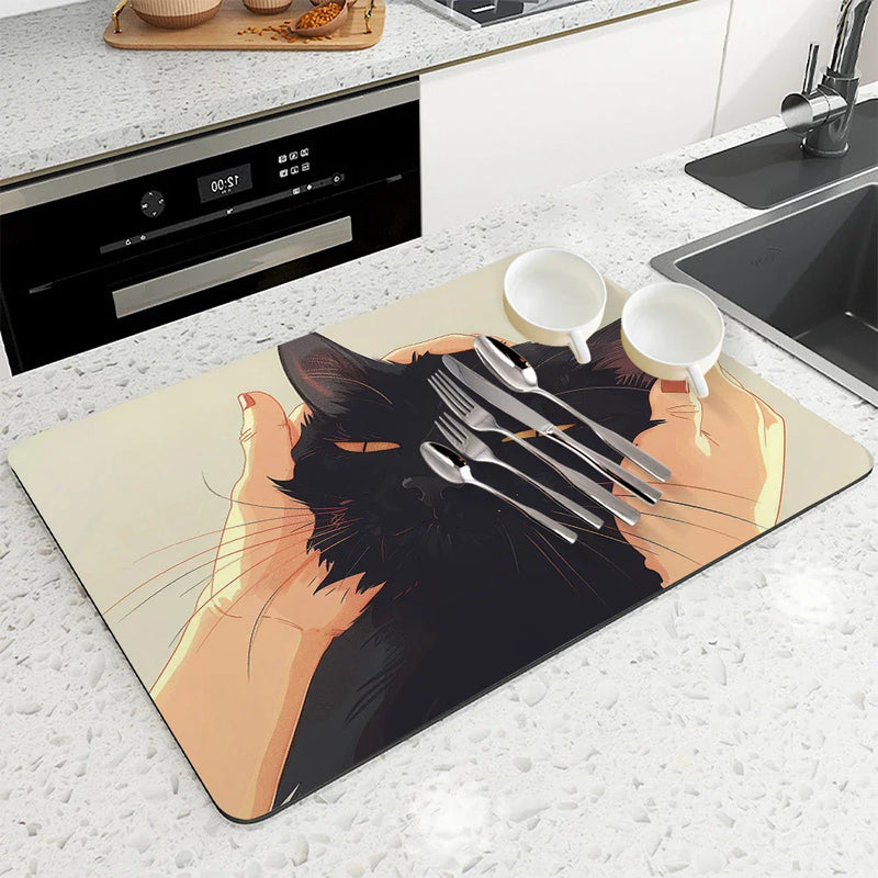 Axyaa Cartoon Cat Kitchen Drying Mat - Quick Dry Drain Pad for Faucet