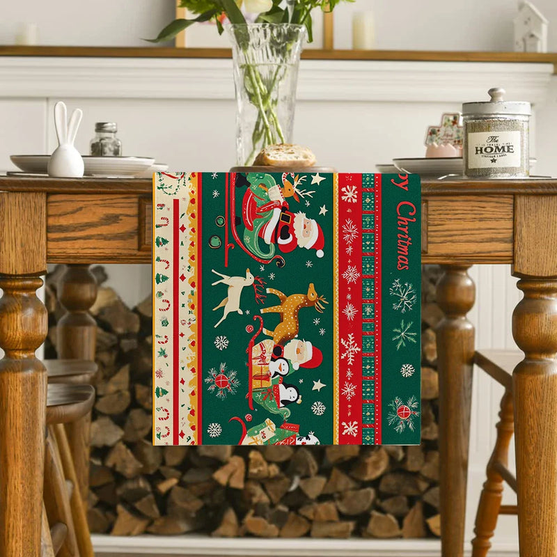 Axyaa Christmas Table Runner: Santa Deer Cart Presents Snowflakes Farmhouse Dining Decor