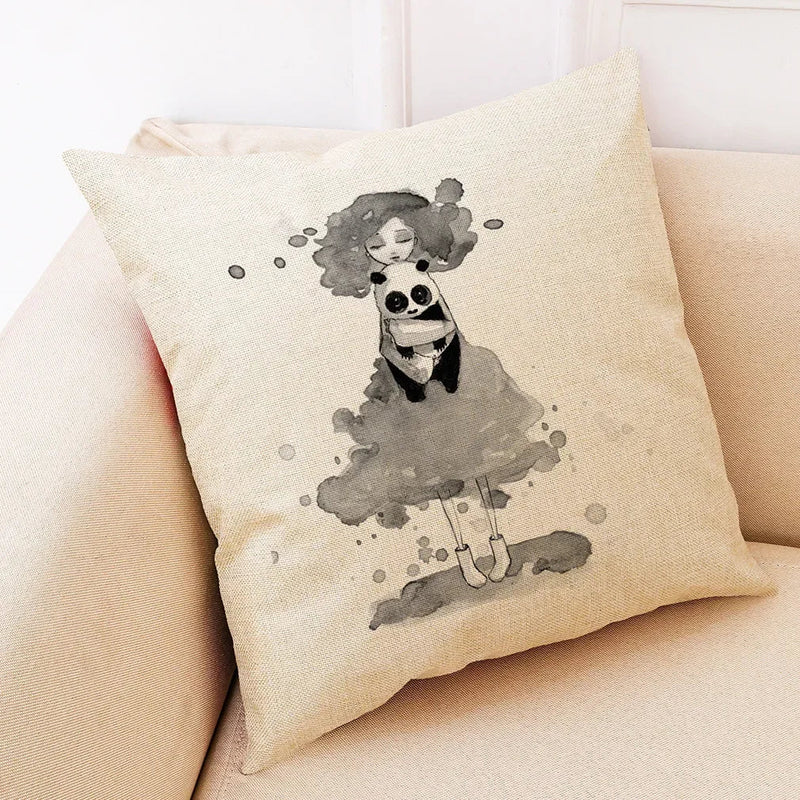 Axyaa Panda Linen Pillowcase 45*45cm - Office Sofa Decor Sans Car Cushion Cover
