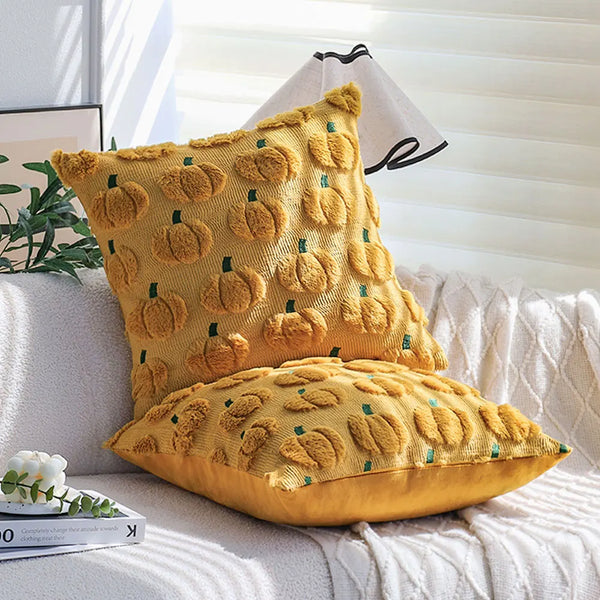 Axyaa Halloween Pumpkin Cushion Cover 45x45 Soft Plush Yellow Throw Pillow Case