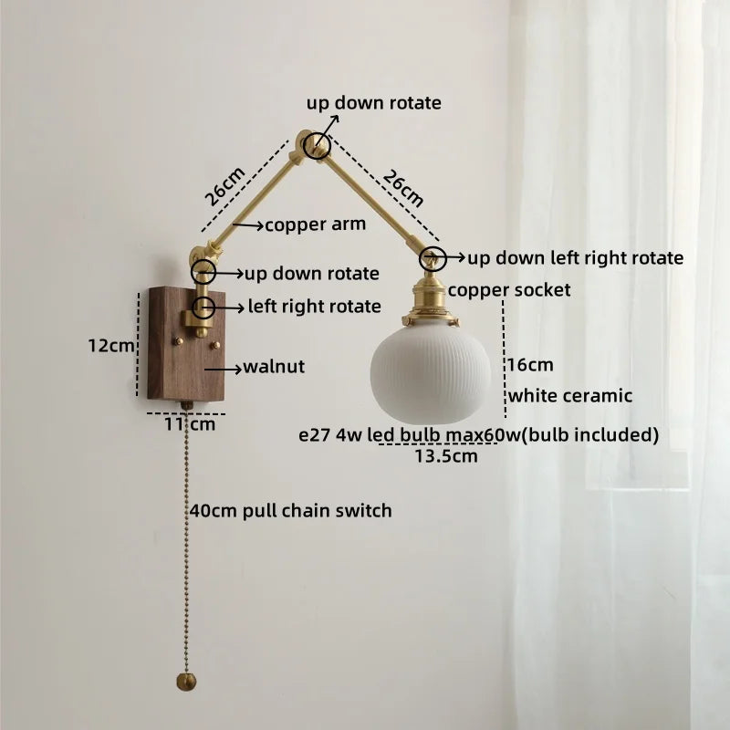 Axyaa Ceramic Copper Swing Arm LED Wall Light for Home Decor