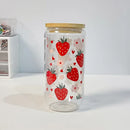Axyaa Kawaii Strawberry Glass Cup 500ml Bamboo Lid Tumbler Straw Hot Cold Drink