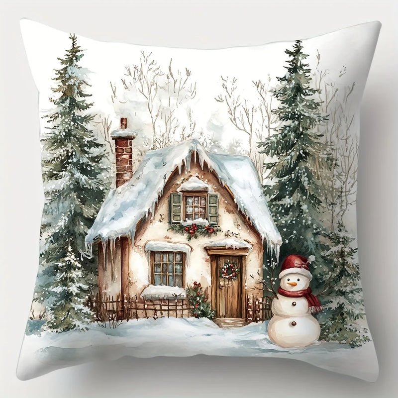 Axyaa Winter Snow Hut Pillow Cover, Festive Christmas Sofa Cushion Home Decor