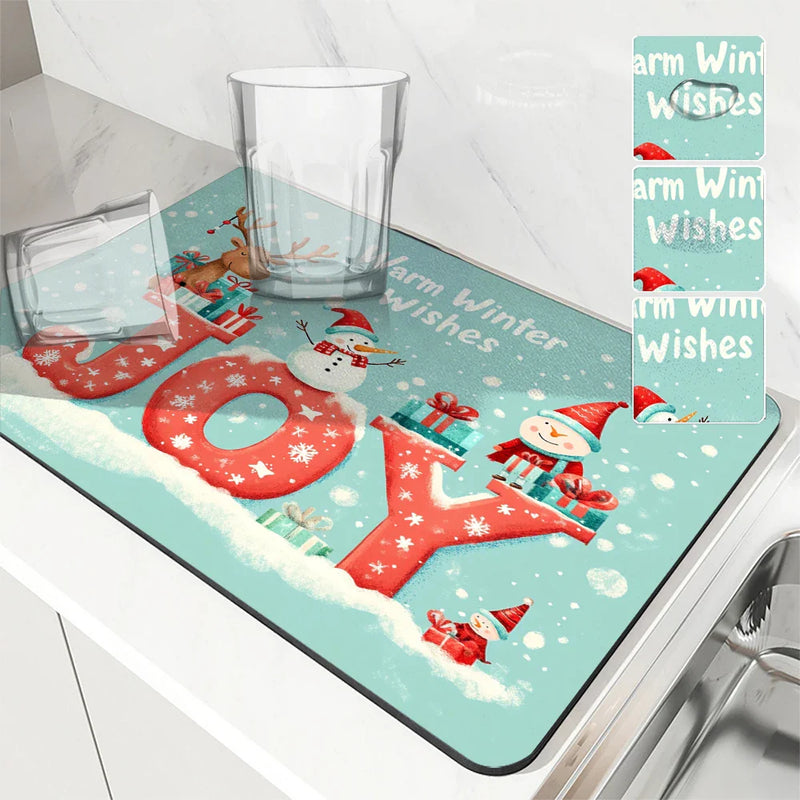 Axyaa Christmas Snowman Deer Drying Mat - Festive Kitchen Table Decor