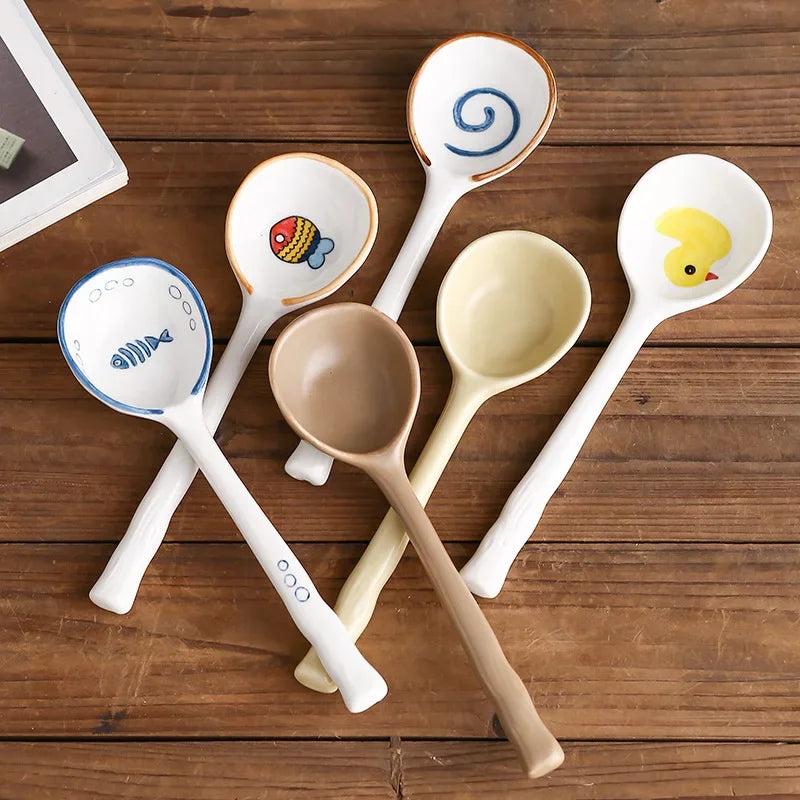 Axya Hand-Painted Ceramic Soup Spoon - Japanese Style Dessert Spoon