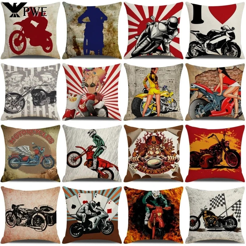 Retro Motorcycle Girls Linen Pillow Cover by Axyaa