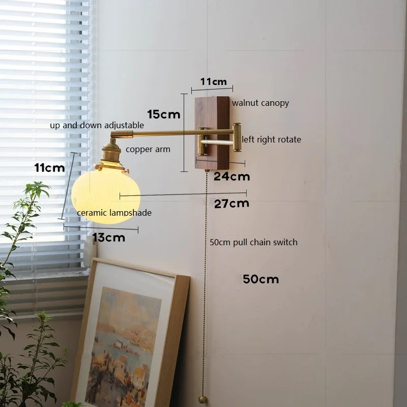 Axyaa Walnut Ceramic LED Wall Lamp with Copper Arm, Rotate, Pull Chain Switch