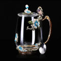 Enamel Flower Tea Glass Mug with Lid & Spoon by Axyaa