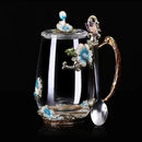 Enamel Flower Tea Glass Mug with Lid & Spoon by Axyaa