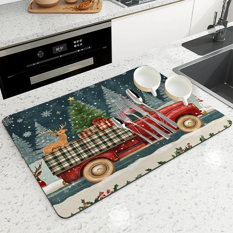 Axyaa Coffee Mat: Christmas Absorbent Draining Mat with Rubber Backing