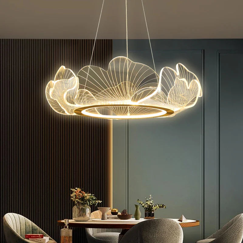 Axyaa Gold Ginkgo Acrylic LED Pendant Chandelier for Modern Living Room
