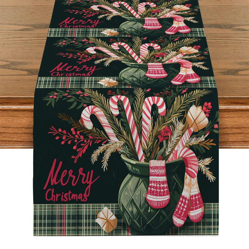 Axyaa Christmas Holiday Table Runner Gloves Fir Berries Decor Sugar Cane