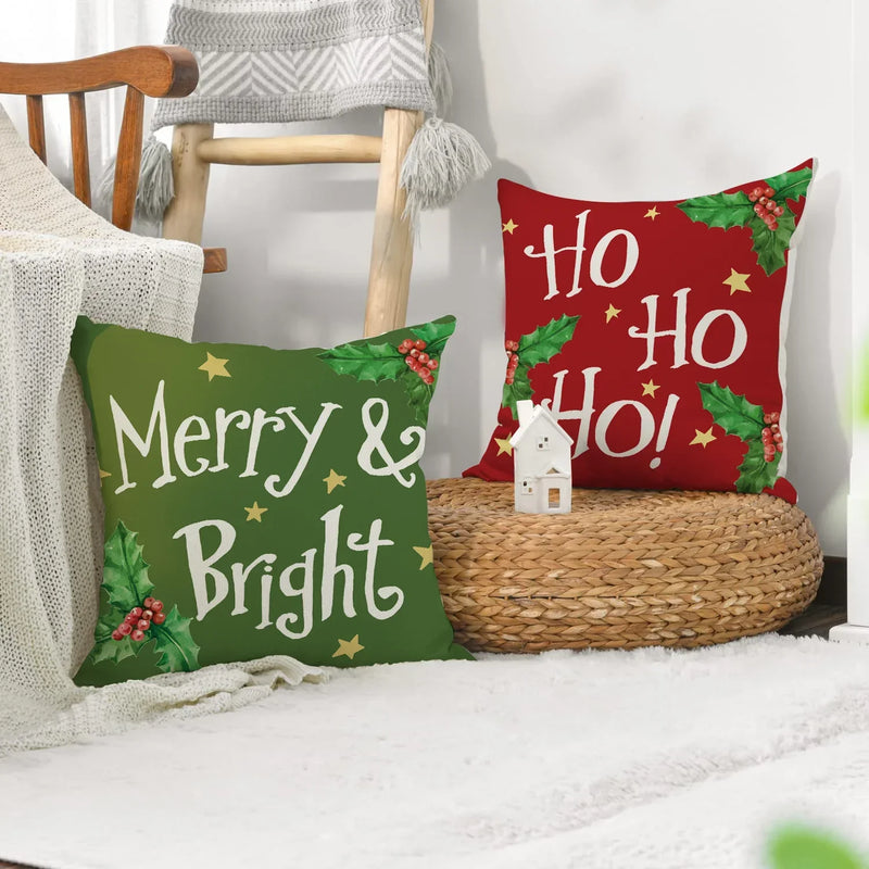 Axyaa Christmas Cushion Covers: Green Red Plaid Merry Christmas Pillowcase 45x45CM
