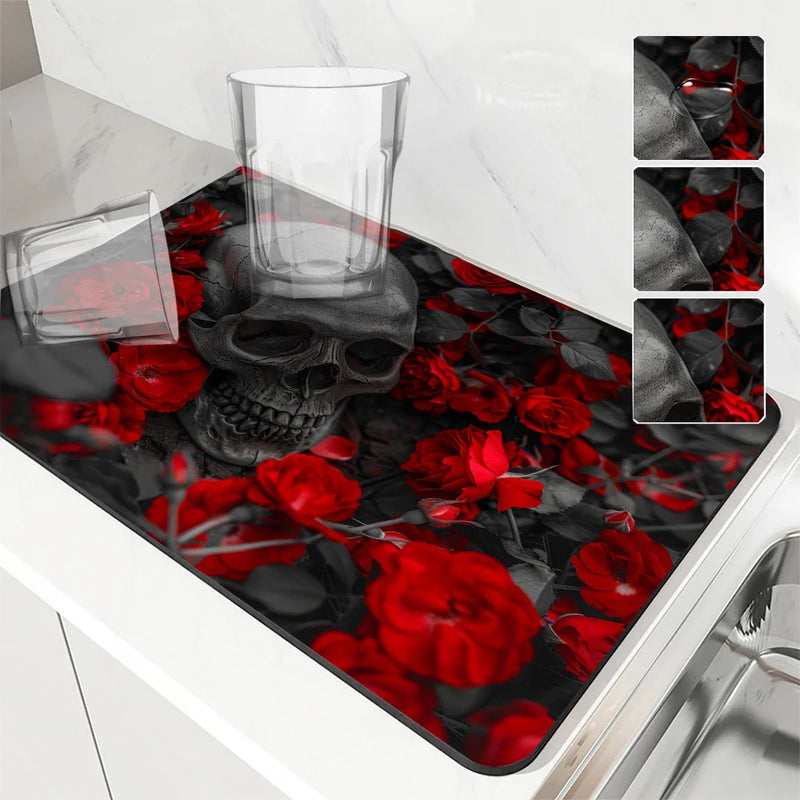 Axyaa Halloween Skull Kitchen Absorbent Mat, Antiskid & Quick Dry Draining Pad