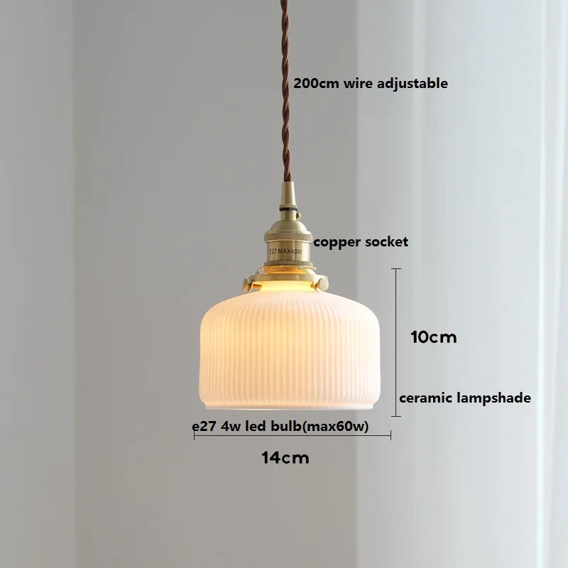 Axyaa White Ceramic LED Pendant Light with Wood Handle - Bedroom Living Room Lamp