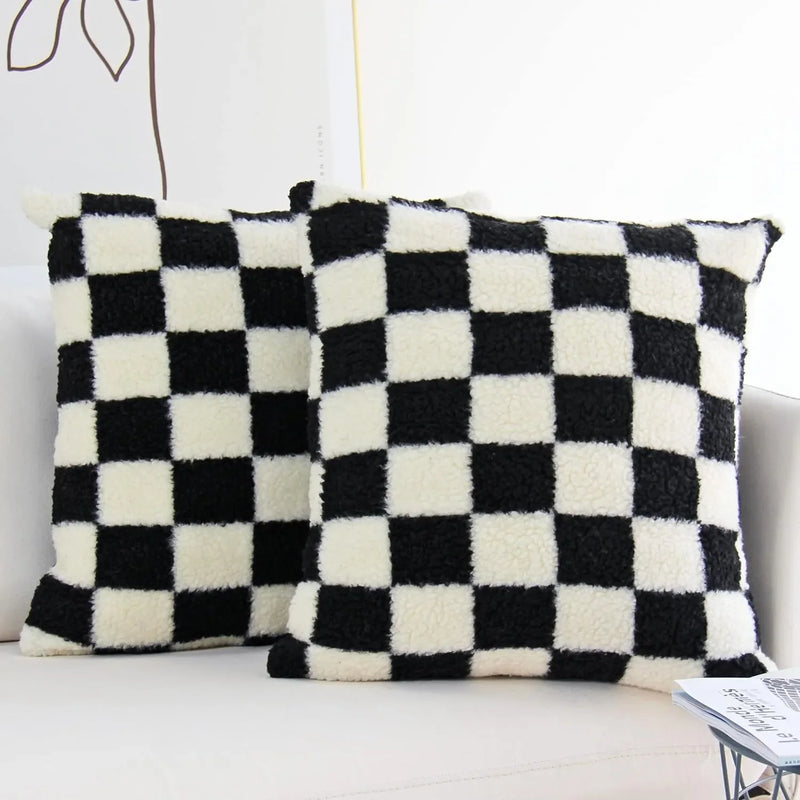 Axyaa Plaid Faux Fur Wool Throw Pillow Cover for Home Decor