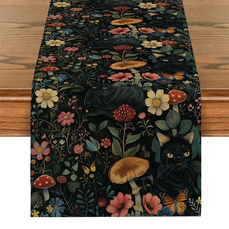 Axyaa Black Cats Butterflies Table Runner for Farmhouse Dining and Wedding Party