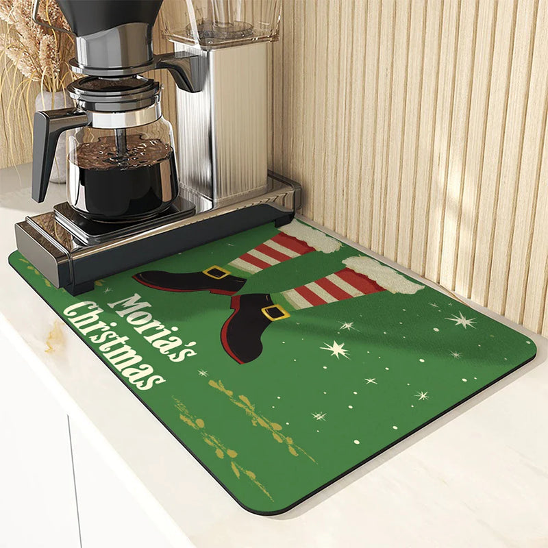 Axyaa Christmas Coffee Drying Mat - Absorbent Anti Slip Table Mat for Cups
