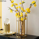 Axyaa Golden Bracket Glass Vase with Artificial Flowers in Modern Metal Frame