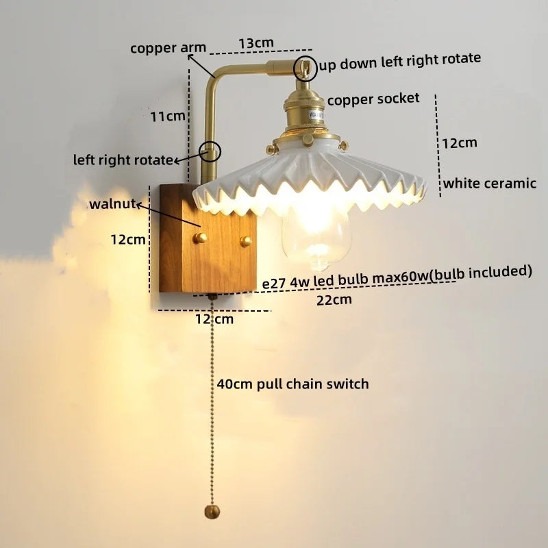 Axyaa Walnut Ceramic LED Wall Lamp with Pull Chain Switch