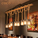 Axyaa Vintage Wood Rope Chandelier - Edison Pendant Lamp for Living, Dining Room