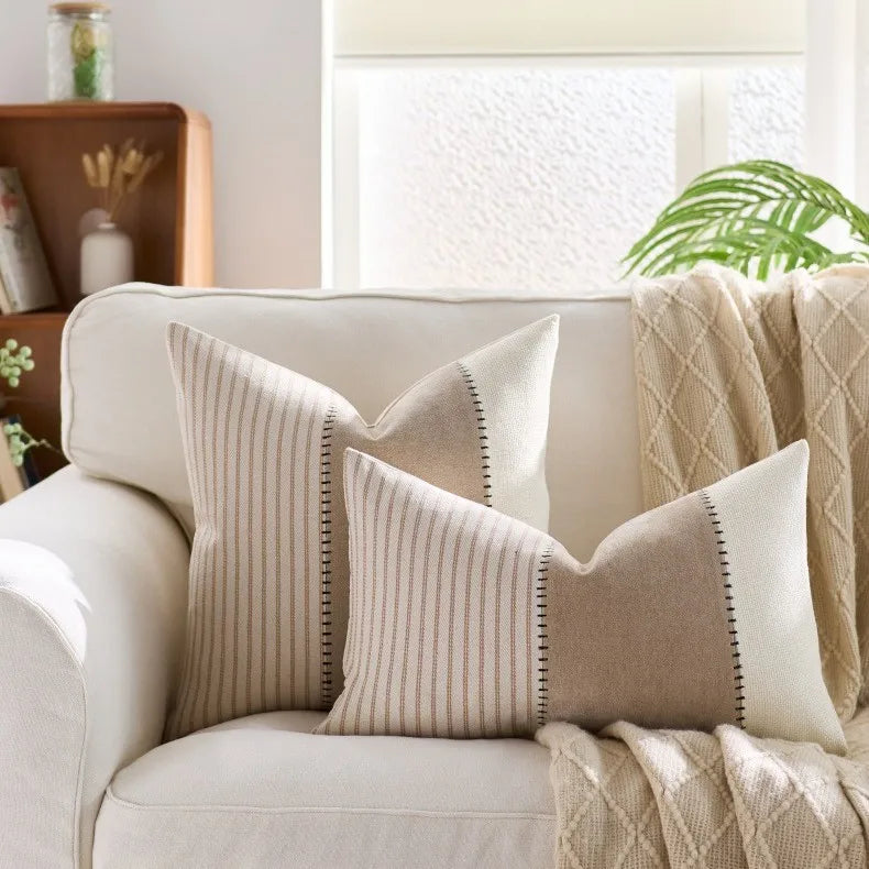 Cream Tan Two Tone Striped Pillow Cover for Home Sofa Couch Living Room by Axyaa