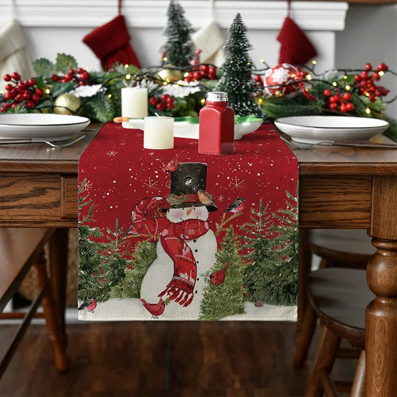 Axyaa Christmas Table Runner with Festive Gnome Tree Snowman Design