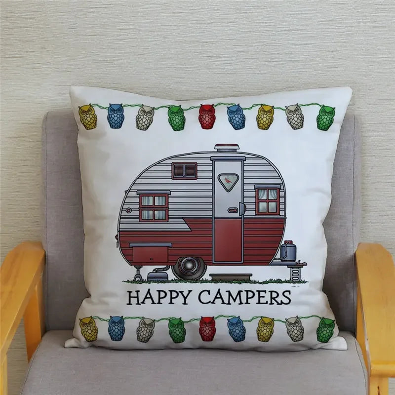 Happy Campers Owl Motorhome Print Pillow Case by Axyaa