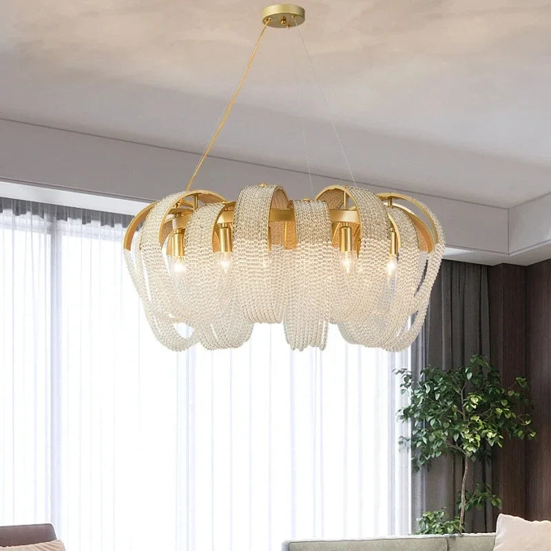 Axyaa Crystal Tassels LED Ceiling Chandelier: Elegant Home Decor Pendant Lights for Living Room Kitchen Lobby