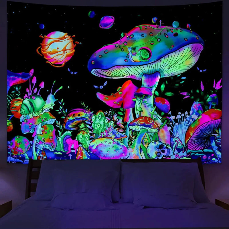 Axyaa Psychedelic UV Wall Tapestry: Skull Mushroom Witchcraft Art - Beautiful Decor