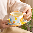 Axyaa Hand-Pinched Ceramic Mug & Saucer Set, Irregular Floral Design, Ins Style Drinkware