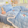 Axyaa Seersucker Ruffle Bedding Set - King/Queen Solid Color Princess Style Cotton Comforter Cover