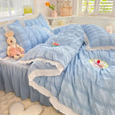 Axyaa Seersucker Ruffle Bedding Set - King/Queen Solid Color Princess Style Cotton Comforter Cover