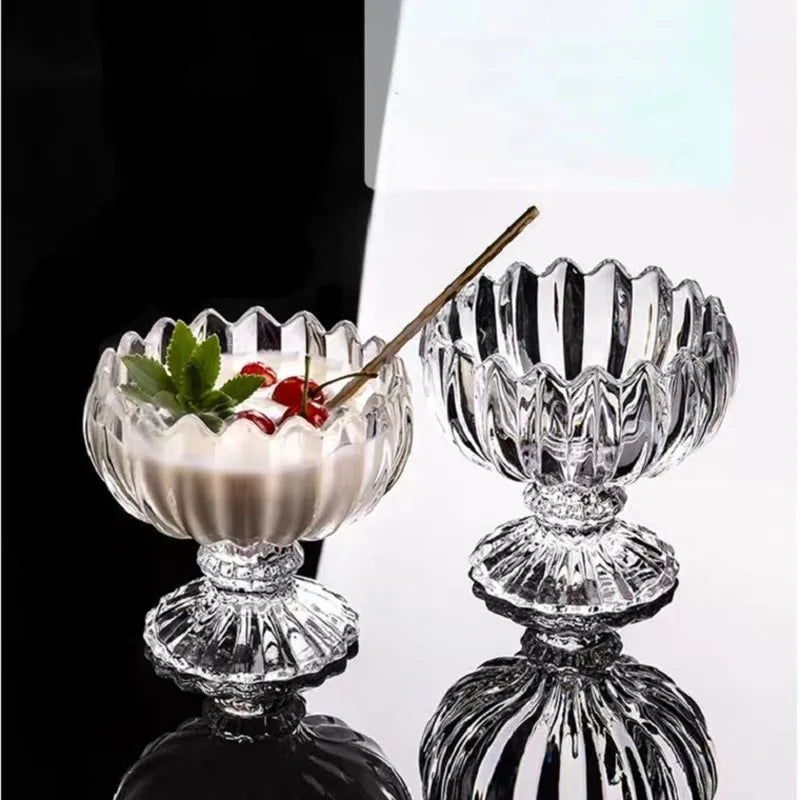 Axya Tall Glass Dessert Bowl Set of 2, Transparent Salad Fruit Plate Tray