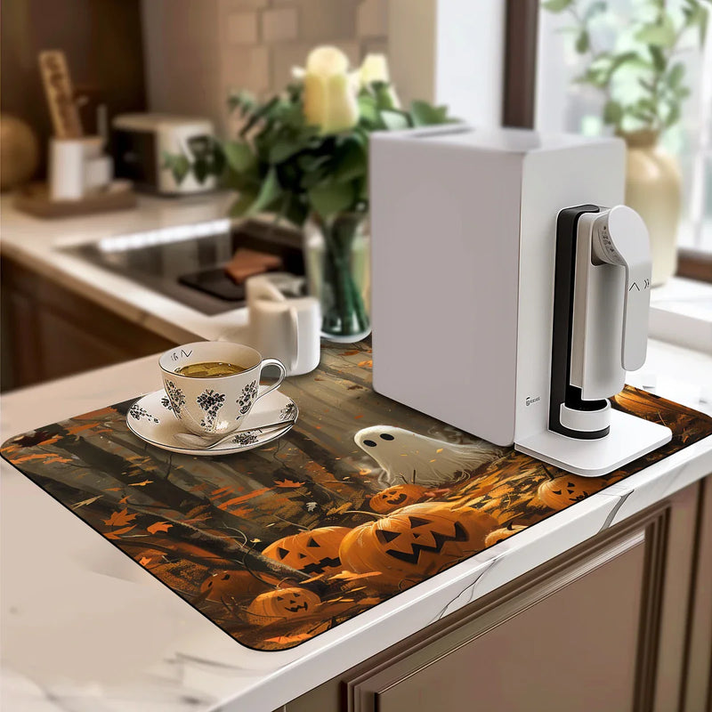 Axyaa Halloween Coffee Dish Mat: Absorbent & Anti-Slip Kitchen Draining Pad