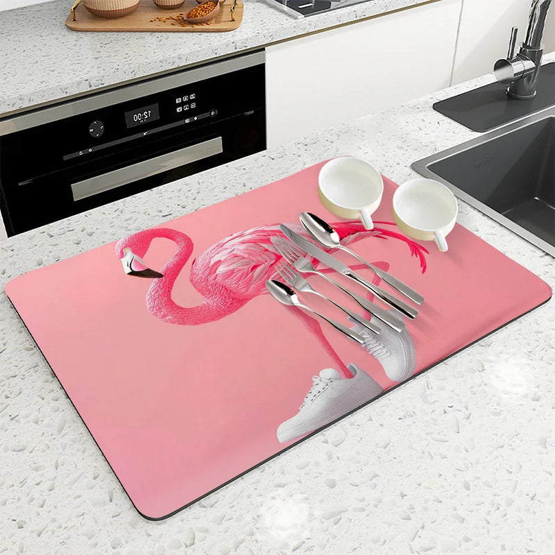 Axyaa Flamingo Absorbent Draining Mat: Quick Drying Kitchen & Bathroom Drain Pad