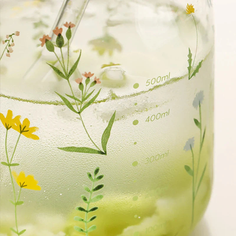Axya Grass Pattern Glass Tumbler with Straw, Lid, and Graduated Heat-Resistant Cup